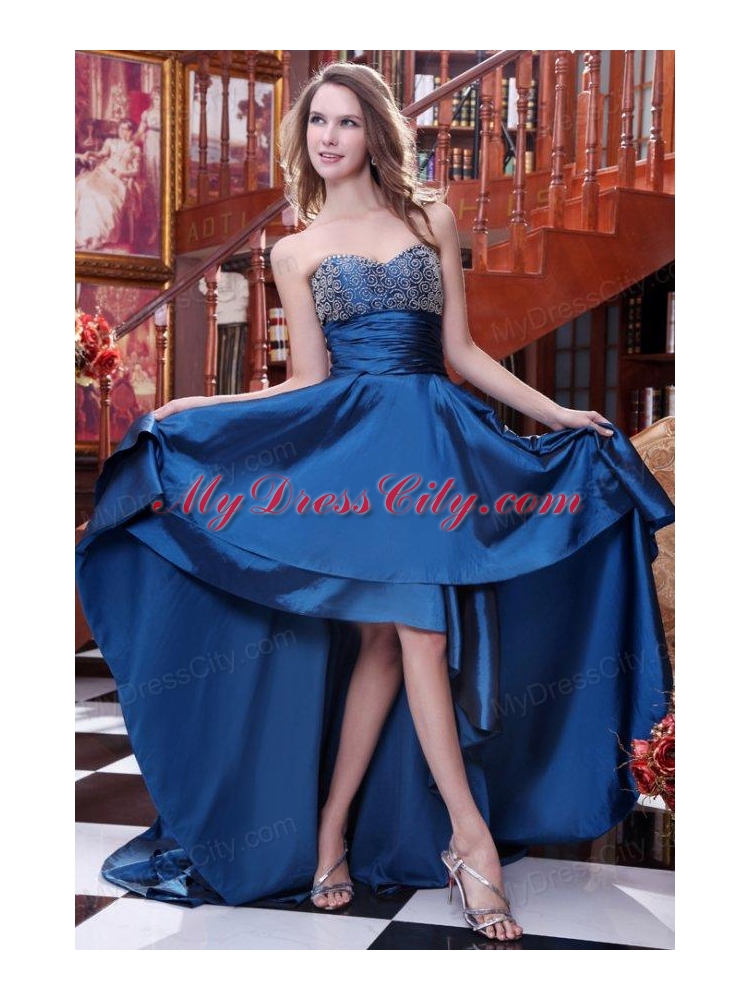 A-line Blue Sweetheart Beading and Ruching High-low Prom Dress
