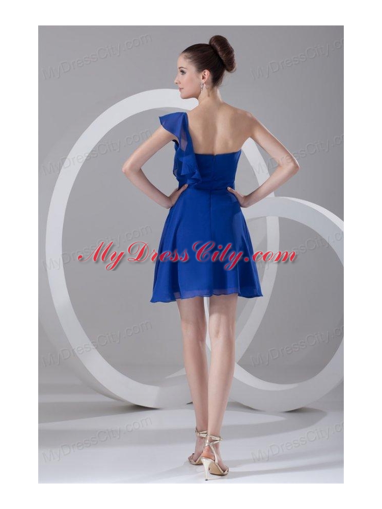 A-line One Shoulder Blue Chiffon Mini-length Ruching Prom Dress