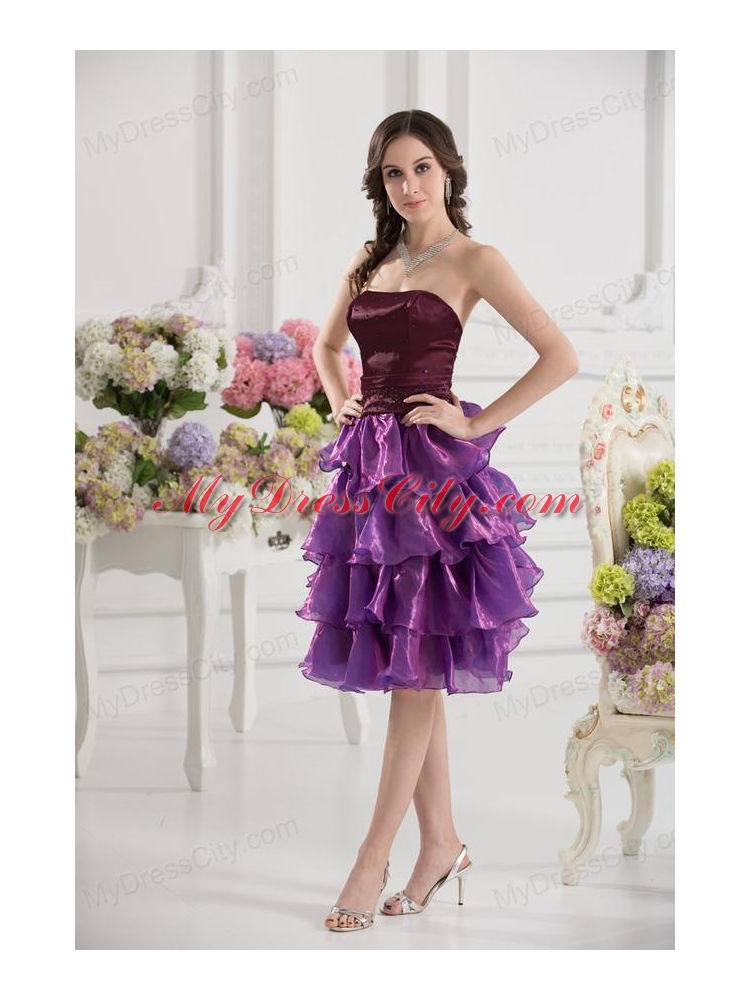 A-line Strapless Organza Beading Ruffled Layers Dark Viole Prom Dress