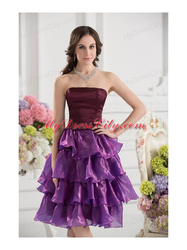 A-line Strapless Organza Beading Ruffled Layers Dark Viole Prom Dress