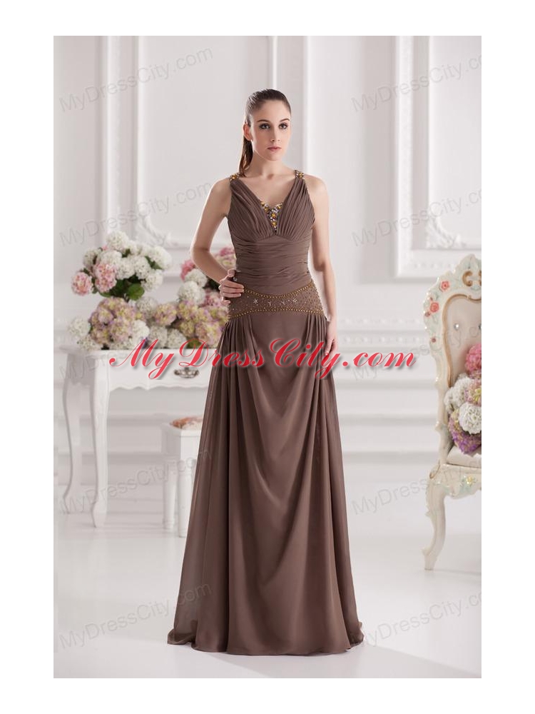 A-line Sweetheart Floor-length Beading Ruching Brown Prom Dress