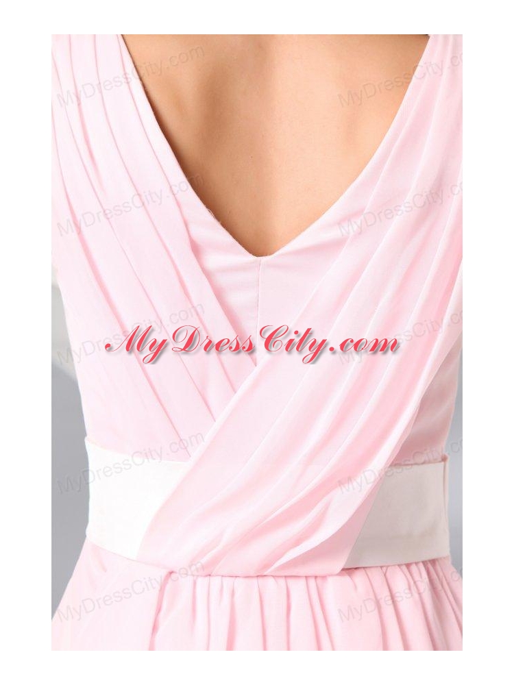 Column Baby Pink V-neck Chiffon Short Prom Cocktail Dress