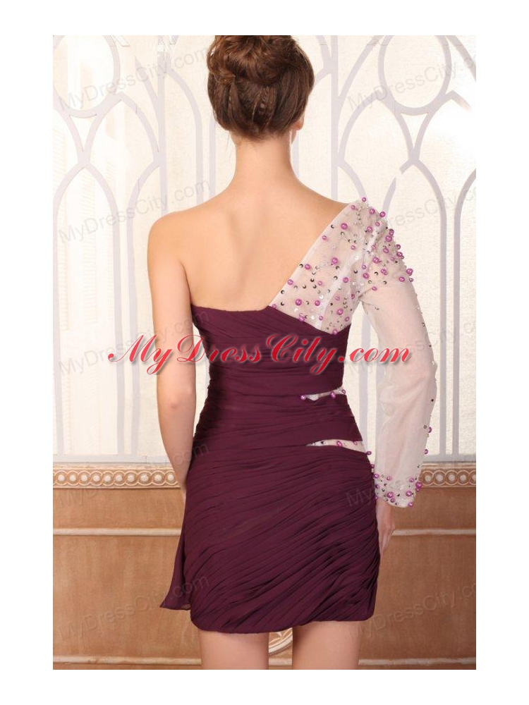 Column One Shoulder Beading Long Sleeves Chiffon Prom Dress
