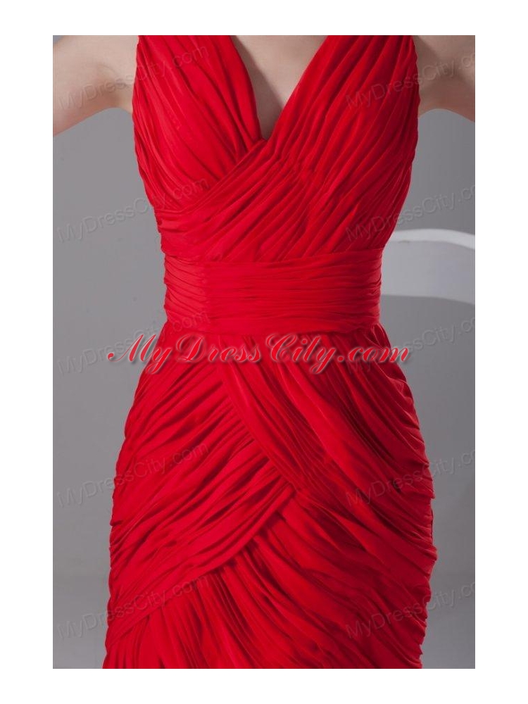 Column V-neck Mini-length Chiffon Red Ruching Prom Dress