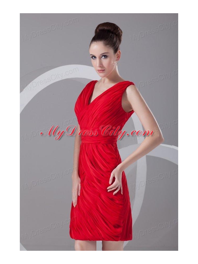 Column V-neck Mini-length Chiffon Red Ruching Prom Dress