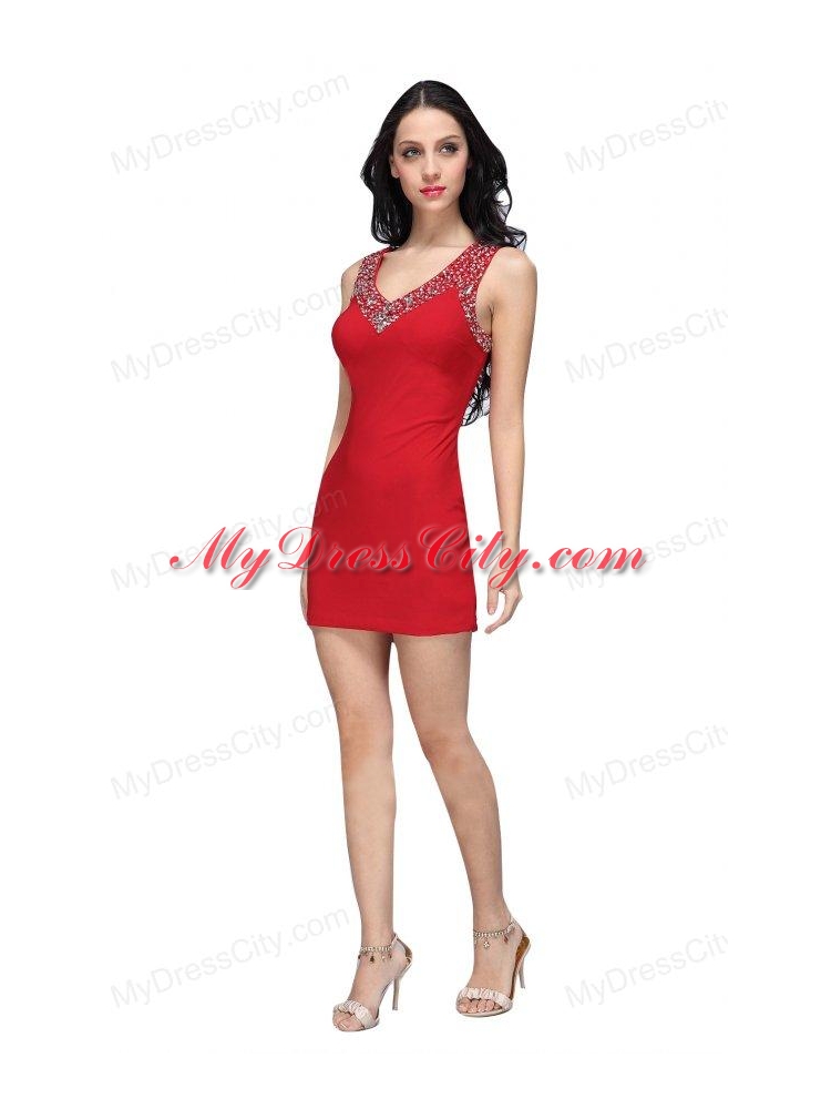 Column Wine Red Beading V-neck Mini-length Chiffon Prom Dress