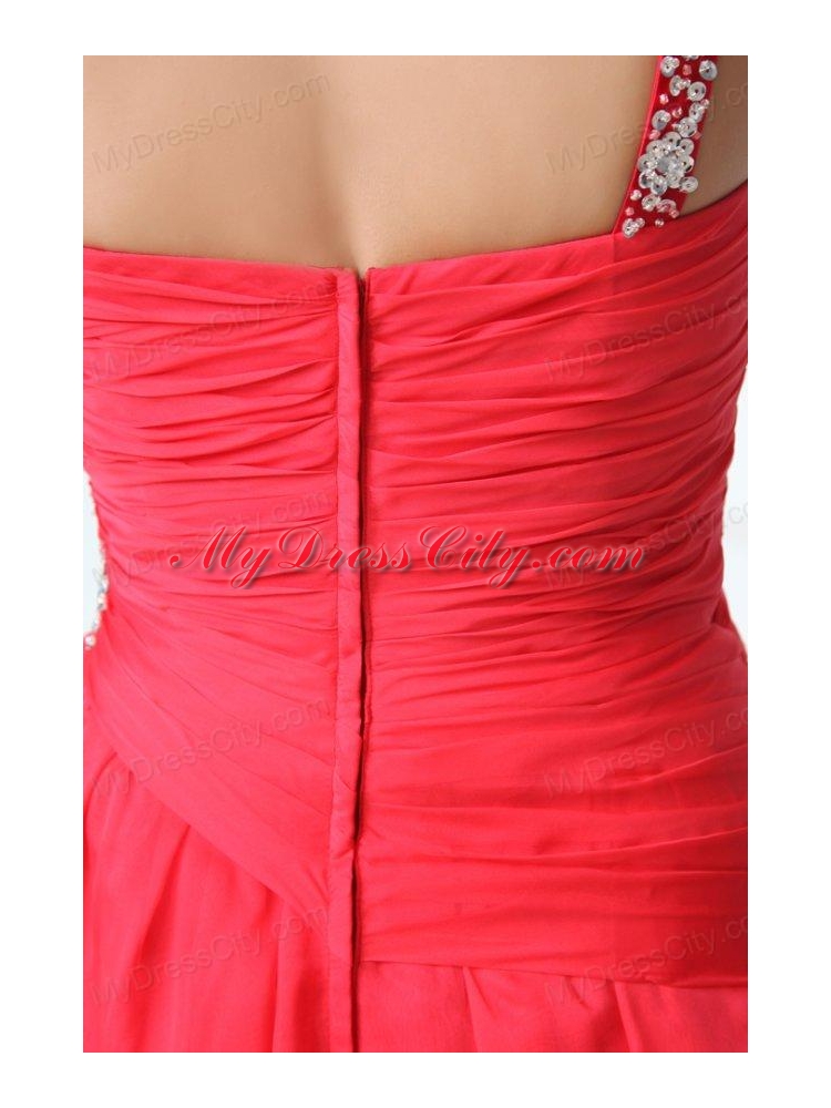Coral Red Column Chiffon One Shoulder High-low Beading Chiffon Prom Dress