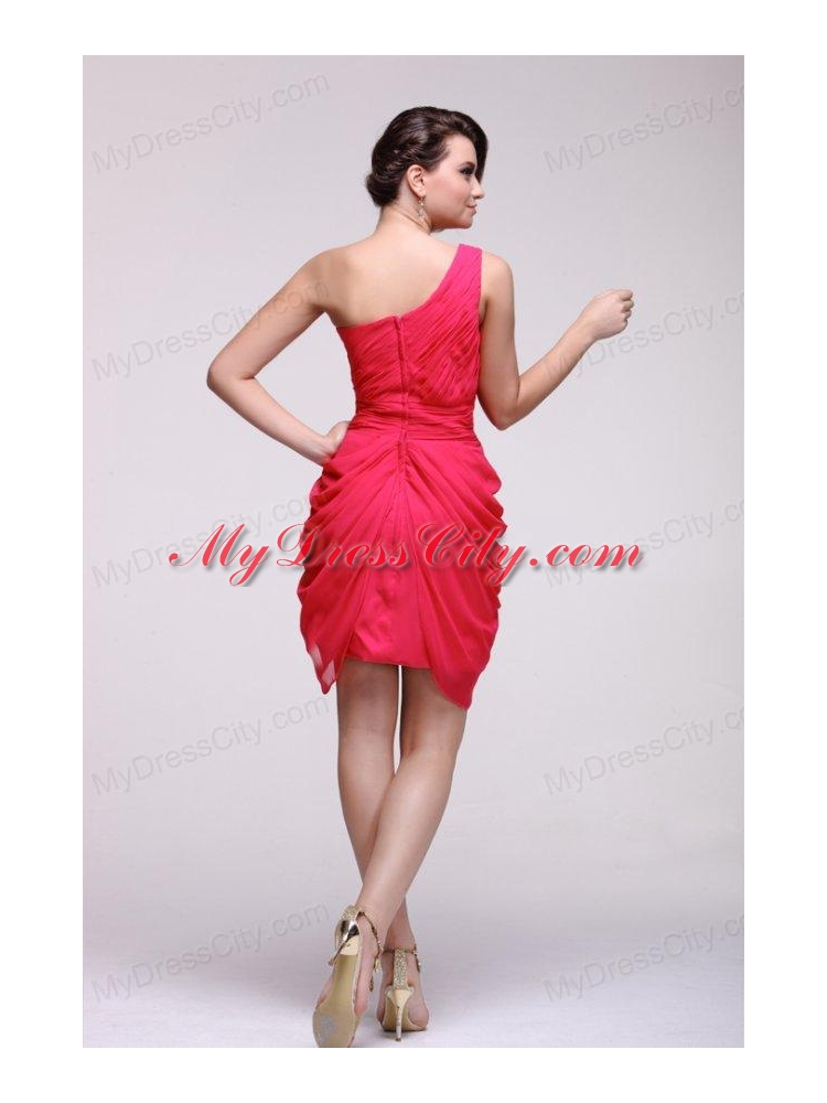 Coral Red One Shoulder Prom Dress with Ruches Mini-length