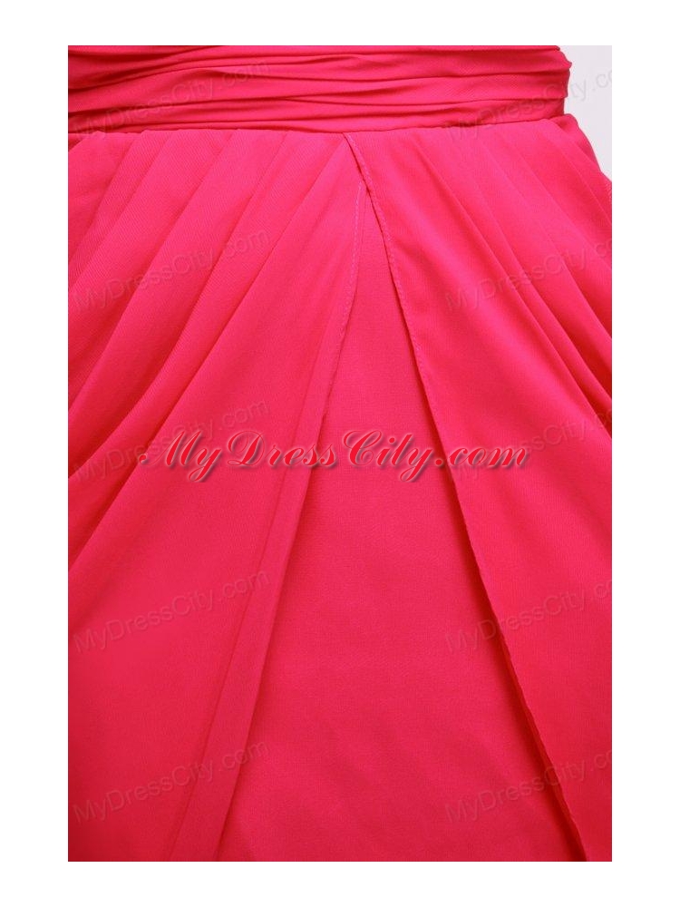 Coral Red One Shoulder Prom Dress with Ruches Mini-length