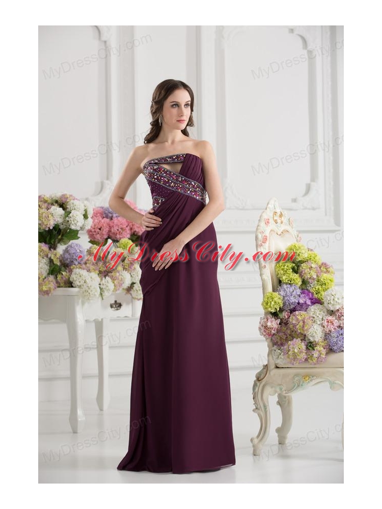 Dark Purple Column Strapless Floor-length Ruching Beading Prom Dress