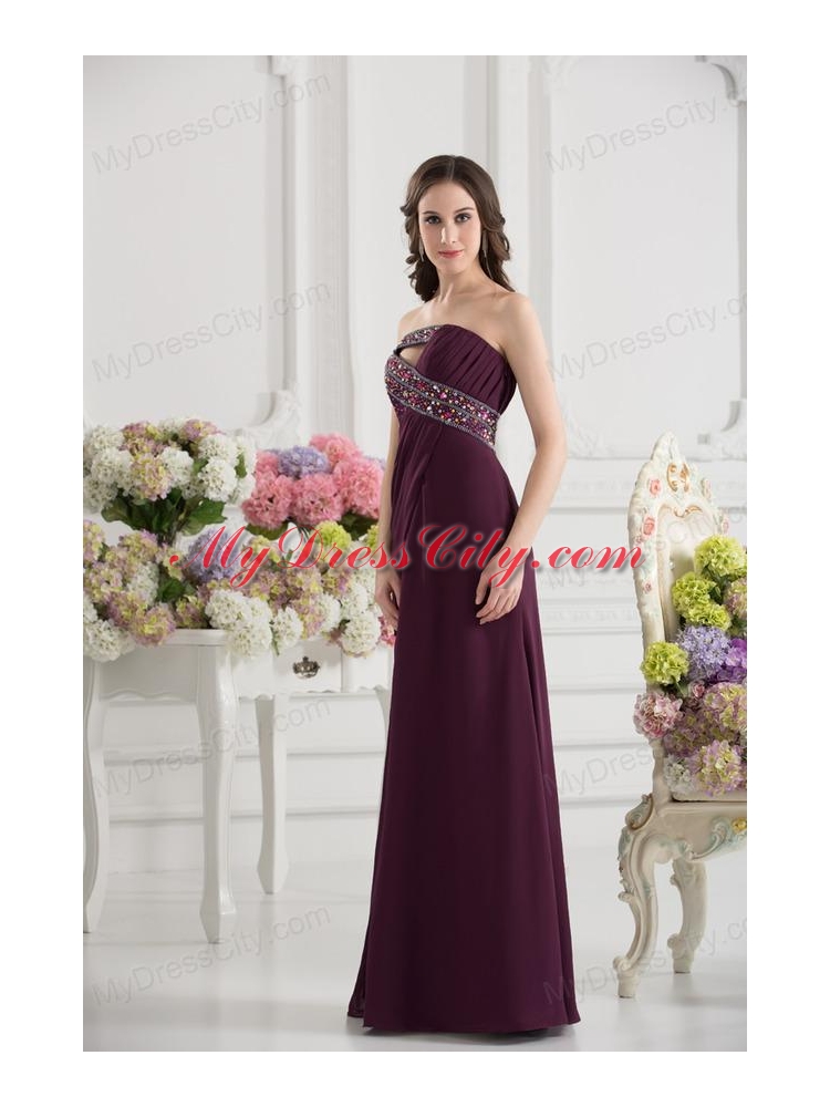 Dark Purple Column Strapless Floor-length Ruching Beading Prom Dress