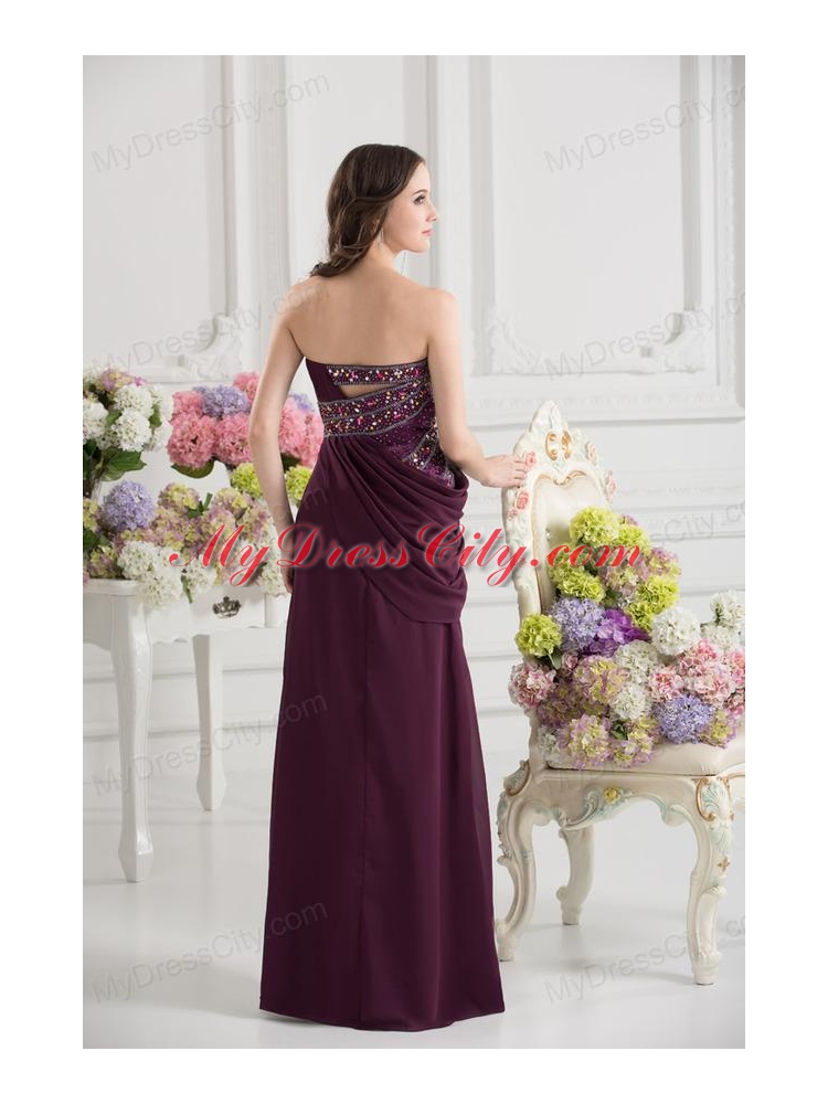 Dark Purple Column Strapless Floor-length Ruching Beading Prom Dress