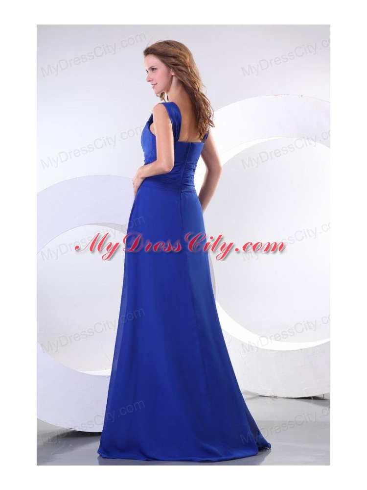 Empire Chiffon Blue Wide Straps Floor-length Prom Dress with Ruche