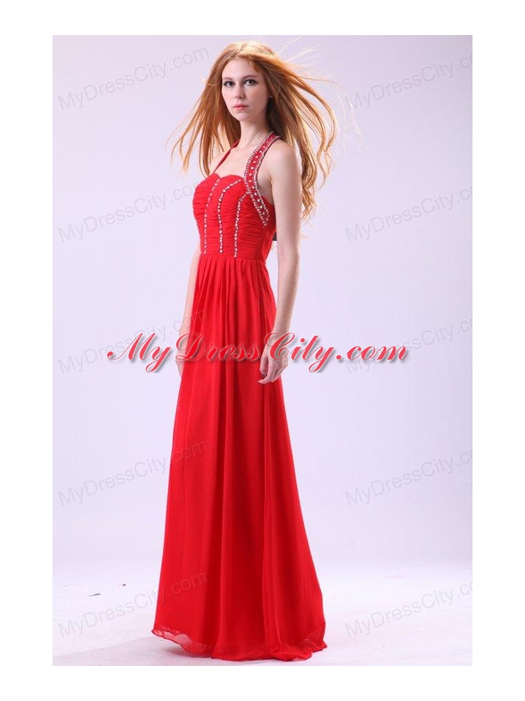 Empire Halter Beading Floor-length Red Chiffon Prom Dress