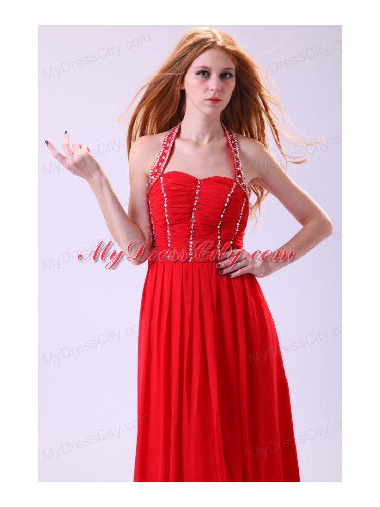 Empire Halter Beading Floor-length Red Chiffon Prom Dress