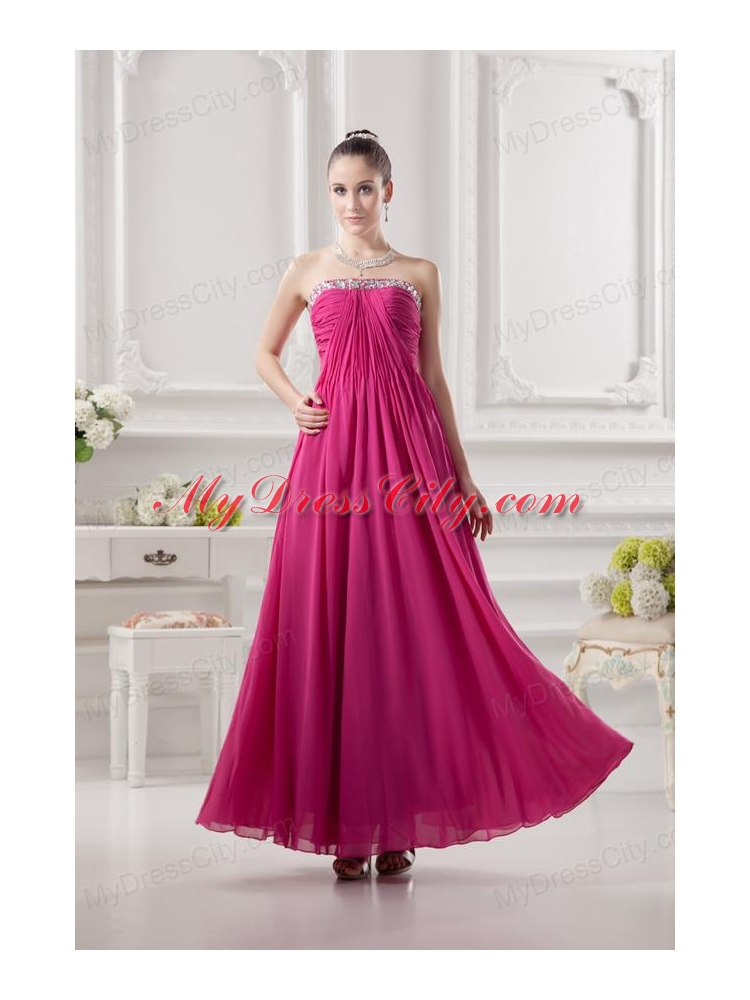 Empire Strapless Ankle-length Beading Chiffon Hot Pink Prom Dress