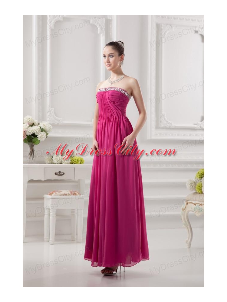 Empire Strapless Ankle-length Beading Chiffon Hot Pink Prom Dress
