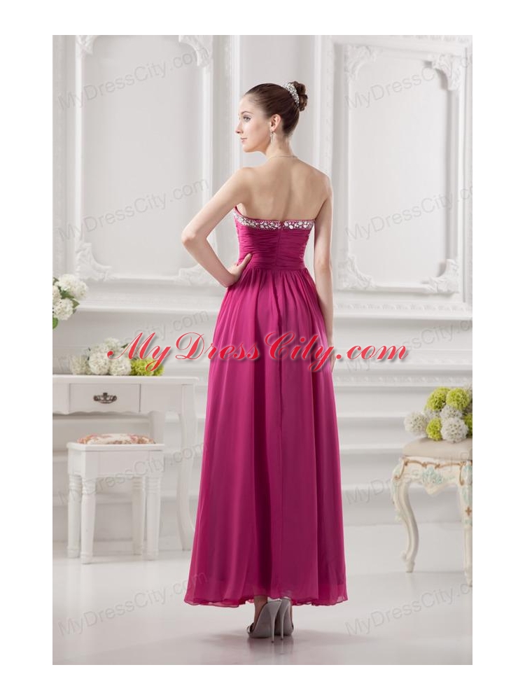 Empire Strapless Ankle-length Beading Chiffon Hot Pink Prom Dress