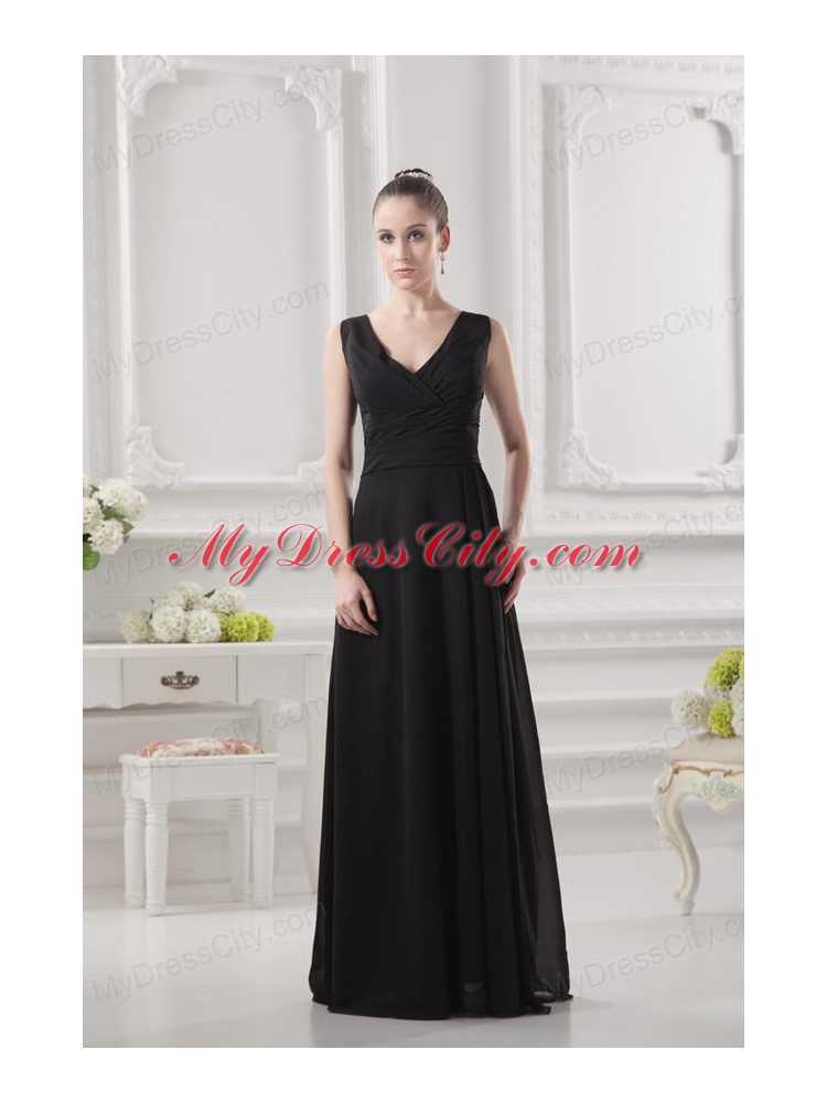 Empire V-neck Floor-length Ruching Black Prom Dress
