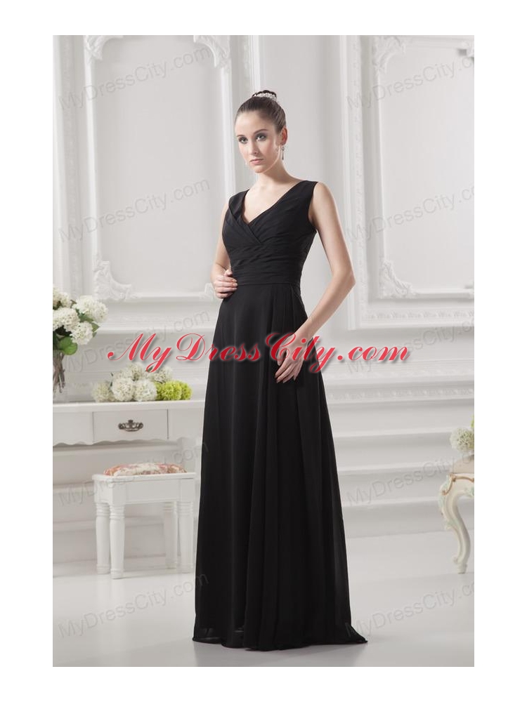 Empire V-neck Floor-length Ruching Black Prom Dress