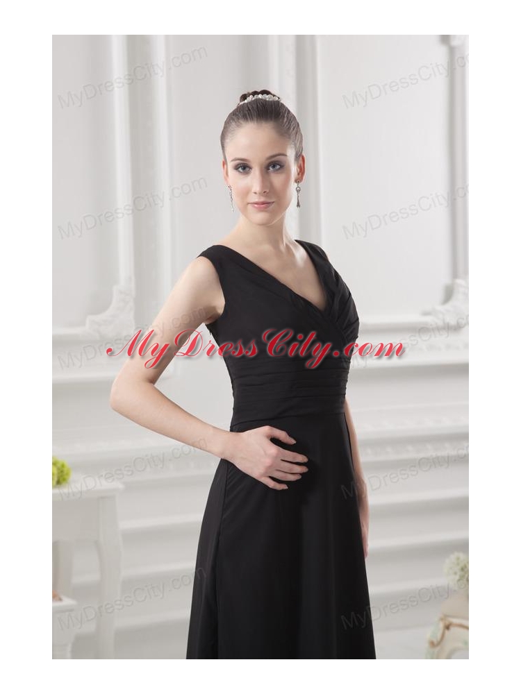 Empire V-neck Floor-length Ruching Black Prom Dress