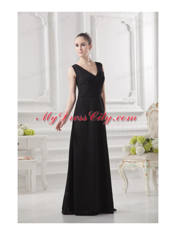 Empire V-neck Floor-length Ruching Black Prom Dress