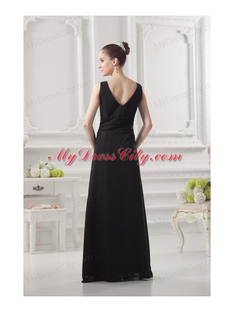 Empire V-neck Floor-length Ruching Black Prom Dress