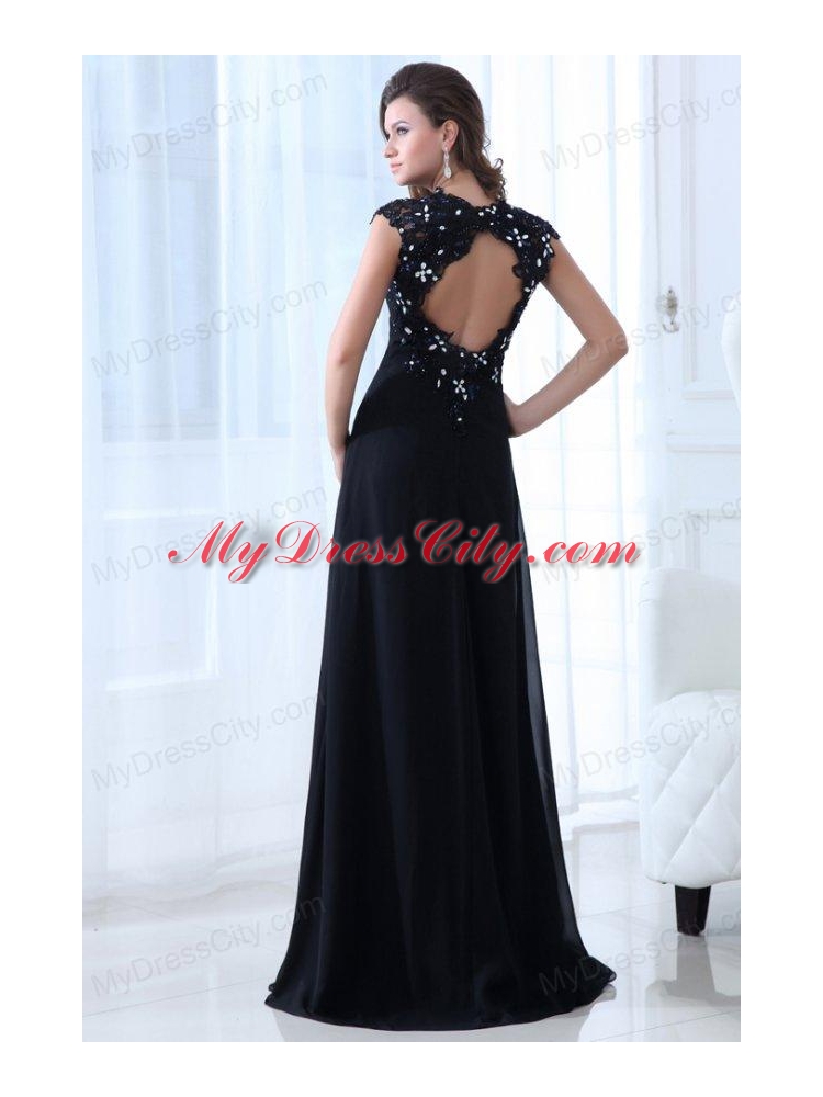 Navy Blue Empire V-neck Floor-length Appliques Chiffon Prom Dress with Open Back