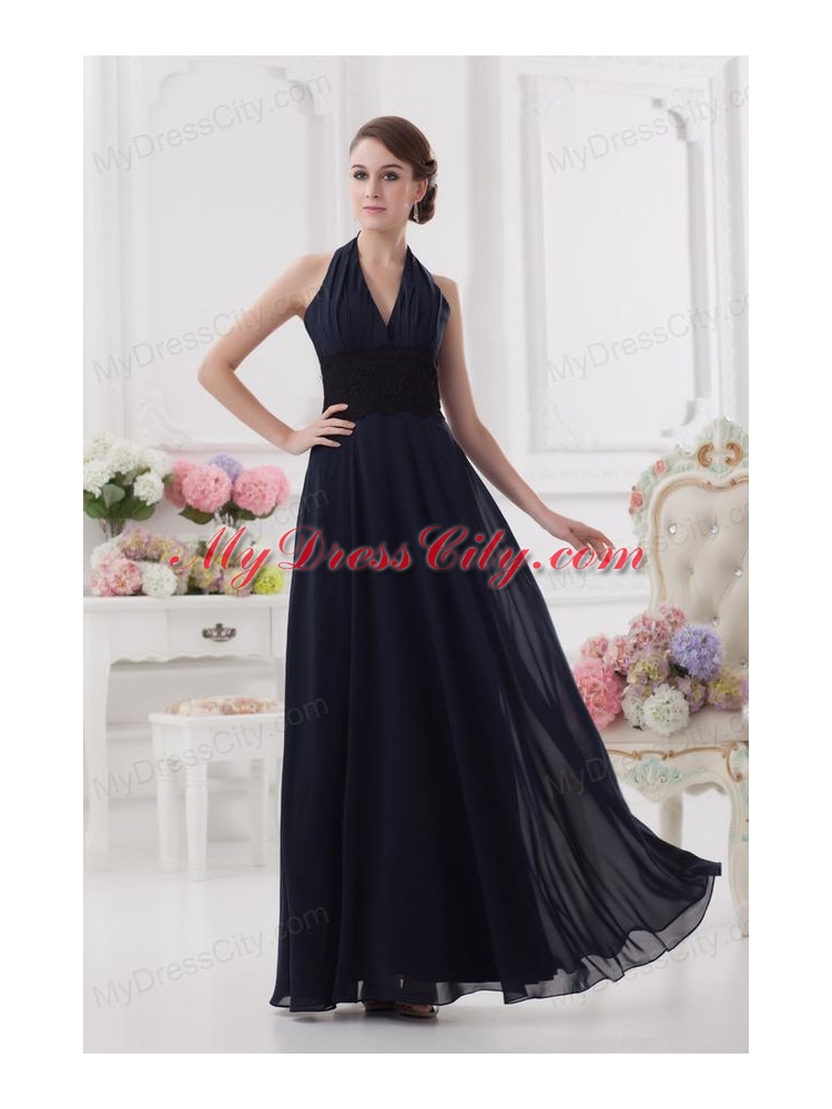 Navy Blue Halter top Long Prom Dress with Ruching and Lace
