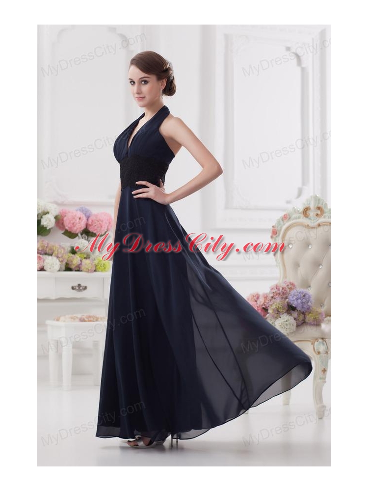 Navy Blue Halter top Long Prom Dress with Ruching and Lace