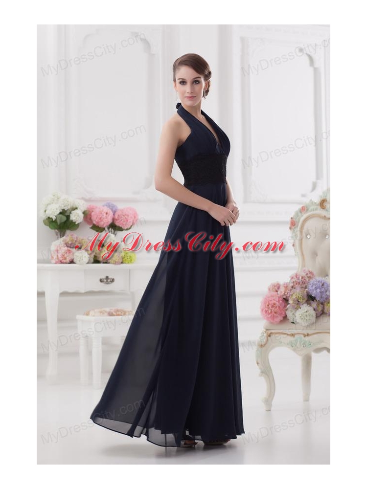 Navy Blue Halter top Long Prom Dress with Ruching and Lace