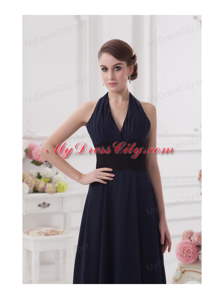 Navy Blue Halter top Long Prom Dress with Ruching and Lace