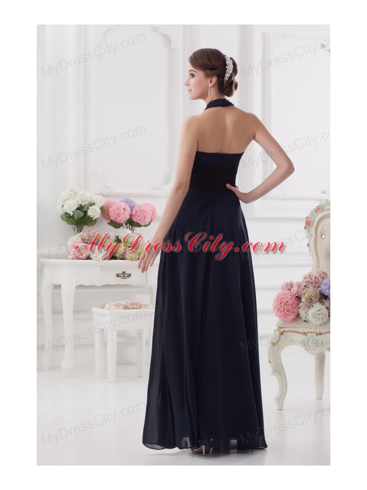 Navy Blue Halter top Long Prom Dress with Ruching and Lace