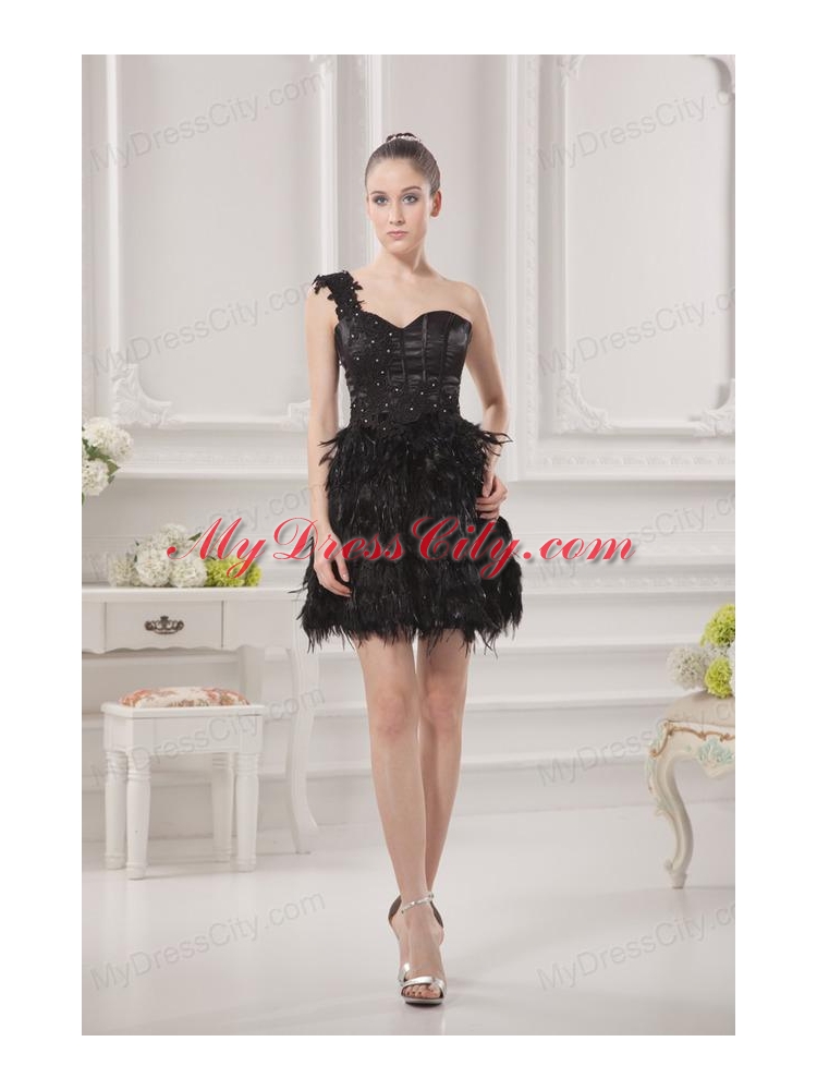One Shoulder Beading Ruffles Special Fabric Black Prom Dress
