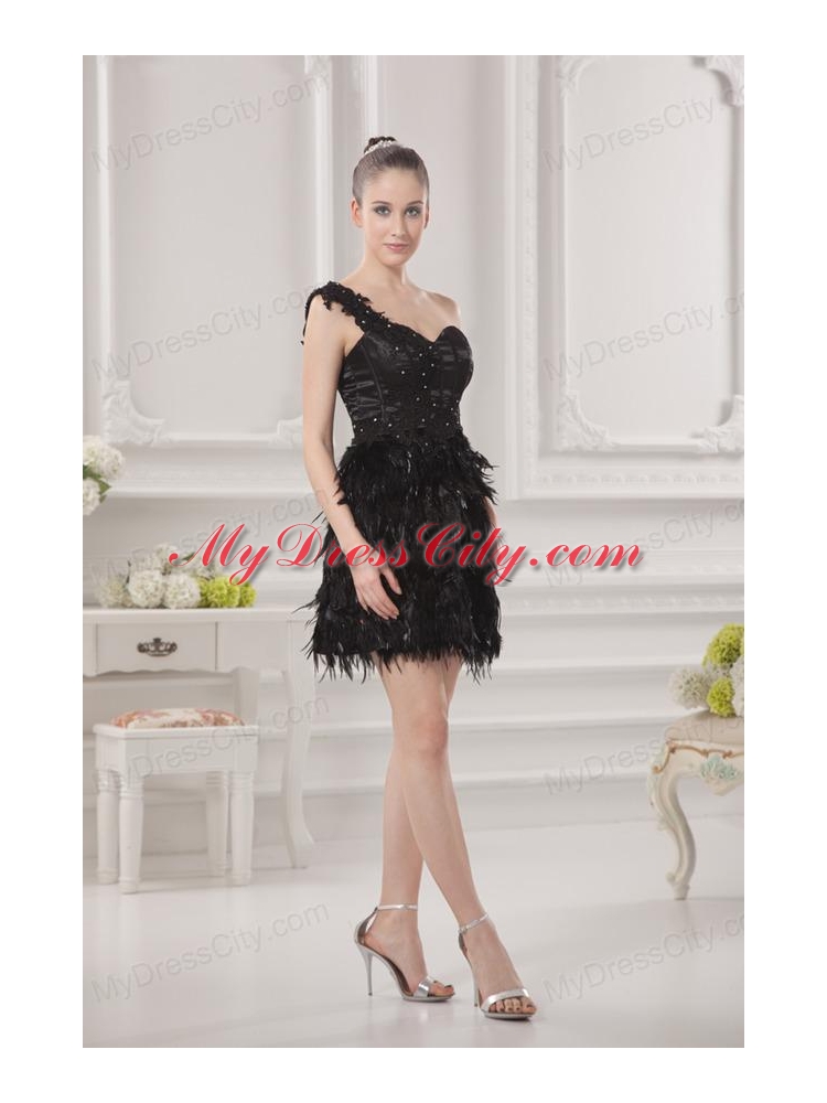 One Shoulder Beading Ruffles Special Fabric Black Prom Dress