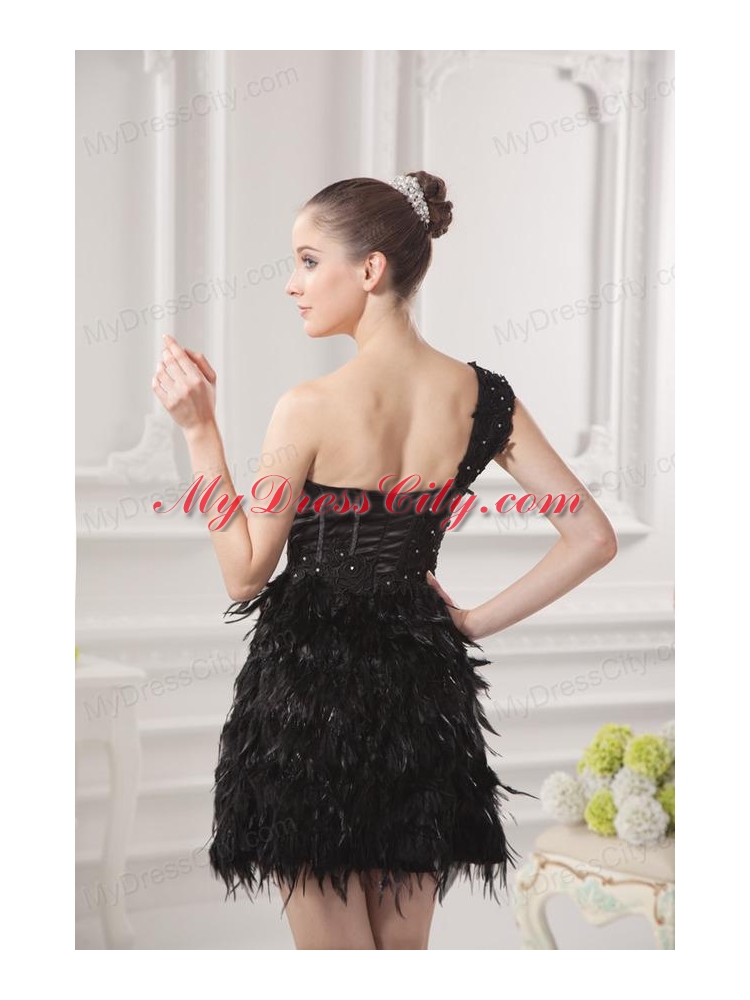 One Shoulder Beading Ruffles Special Fabric Black Prom Dress