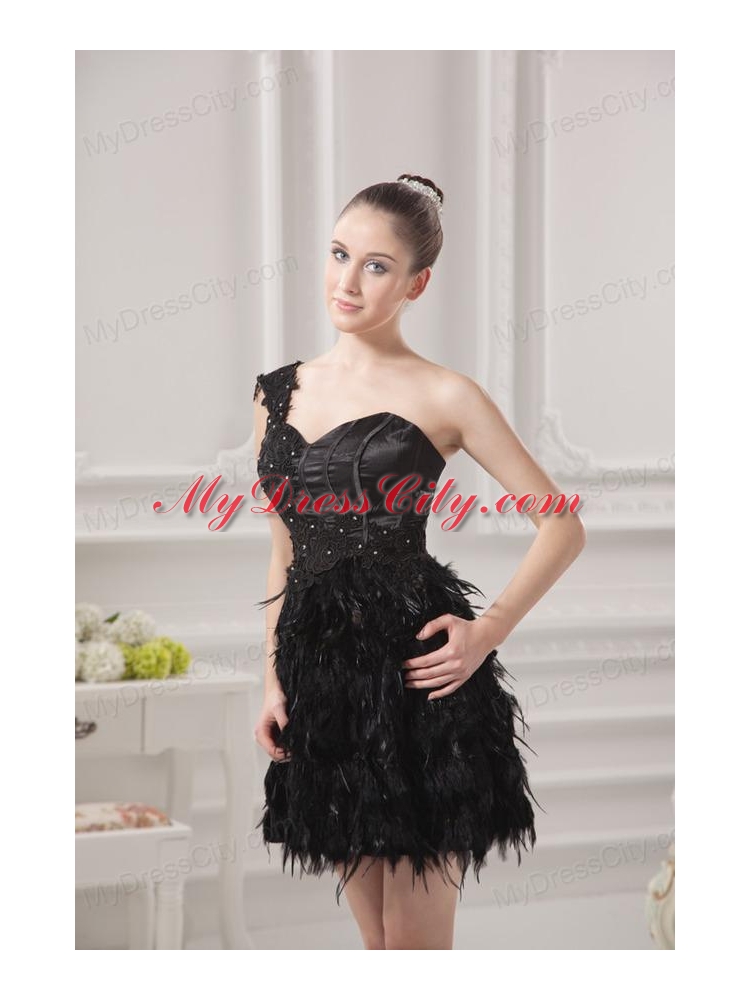 One Shoulder Beading Ruffles Special Fabric Black Prom Dress
