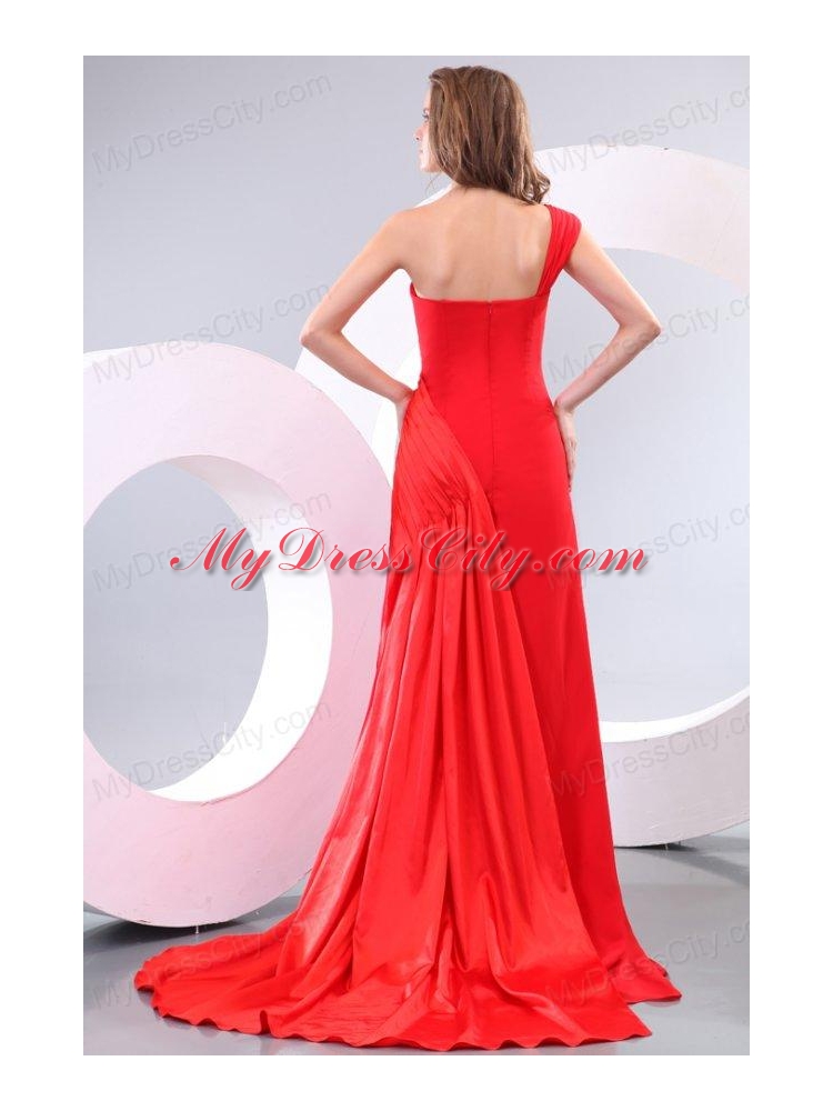 One Shoulder Red Ruche Watteau Train Prom Dress for Evening Party