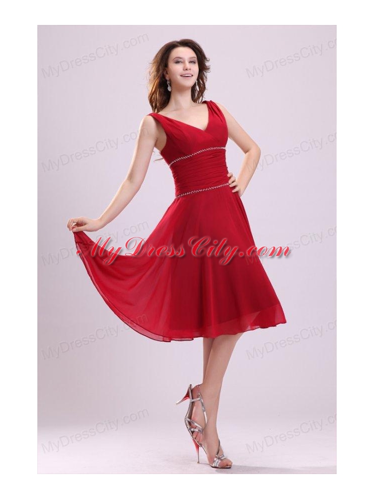 Popular A-line V-neck Prom Dress in Wine Red with Knee-length