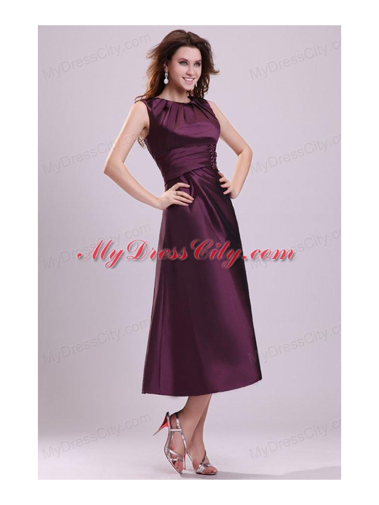 Purple A-line Scoop Tea-length Prom Dress with Beading