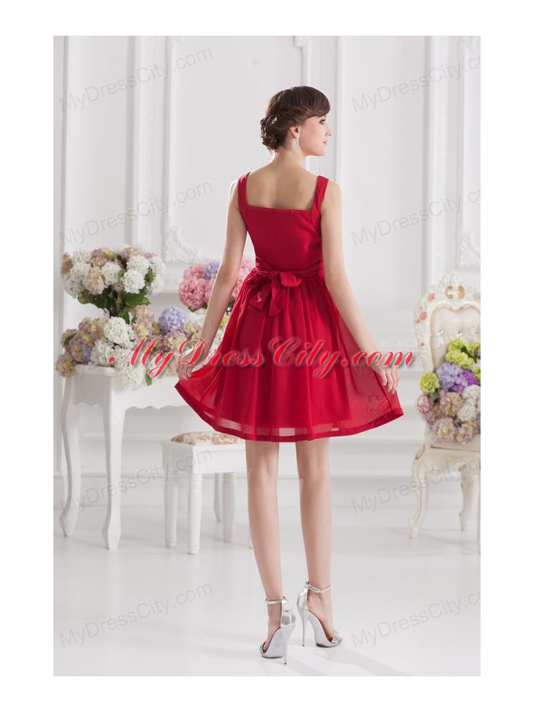 Red Empire Straps Prom Dress with Ribbons and Beading
