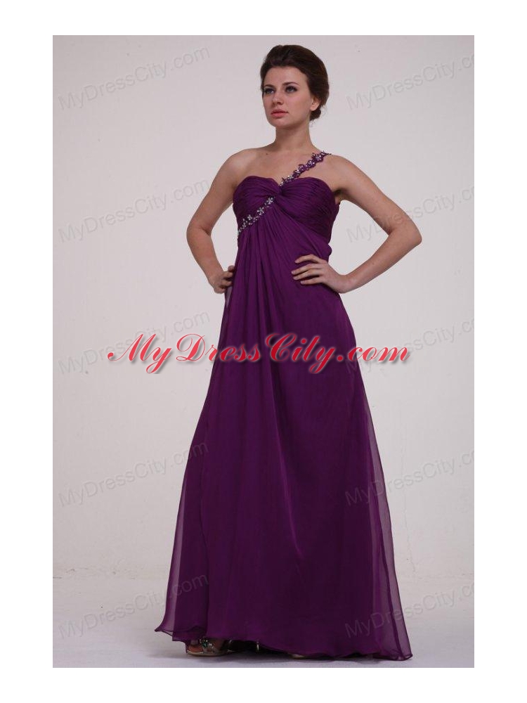 Empire Purple One Shoulder Ruching Appliques Long Prom Dress
