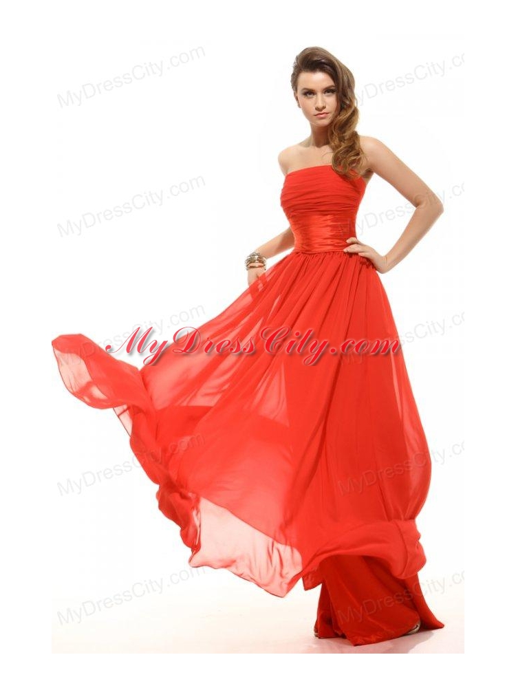 Empire Red Strapless Ruching Floor-length Prom Dress