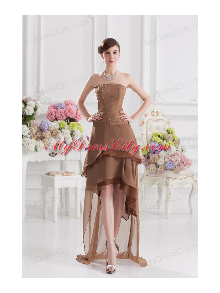 Saddle Brown A-line Strapless Chiffon High-low Prom Dress with Beading
