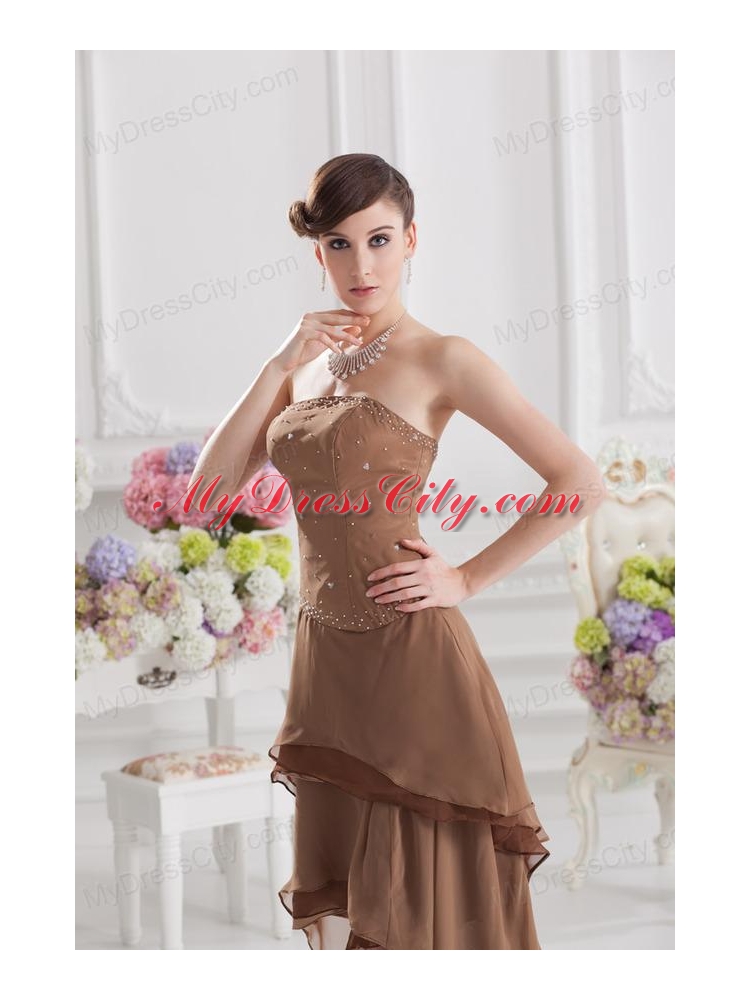 Saddle Brown A-line Strapless Chiffon High-low Prom Dress with Beading