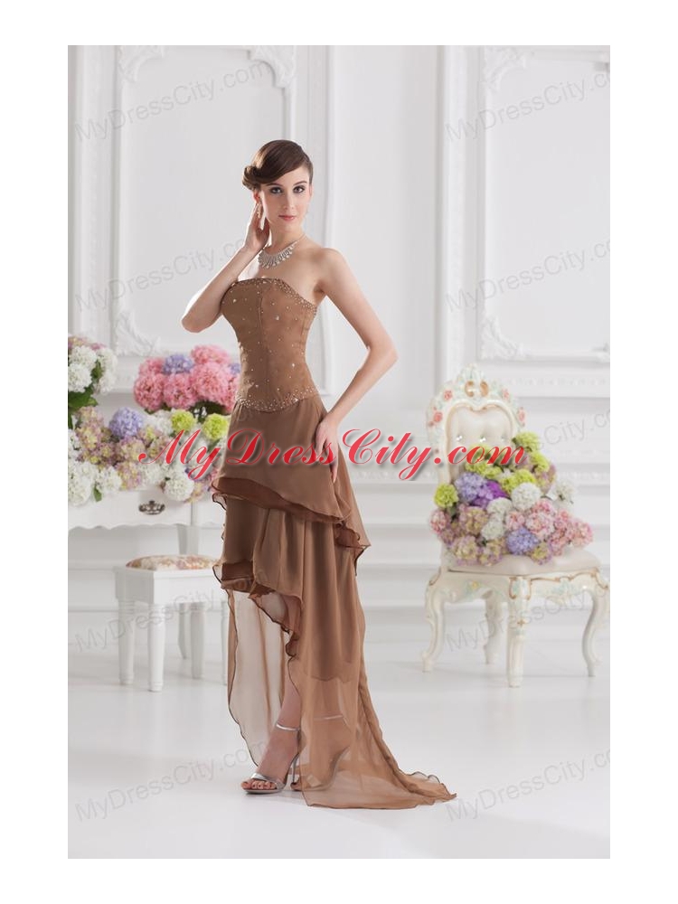 Saddle Brown A-line Strapless Chiffon High-low Prom Dress with Beading