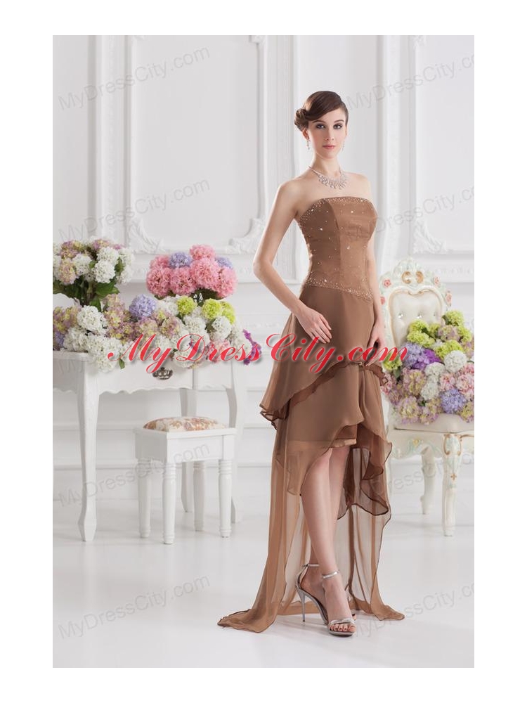 Saddle Brown A-line Strapless Chiffon High-low Prom Dress with Beading
