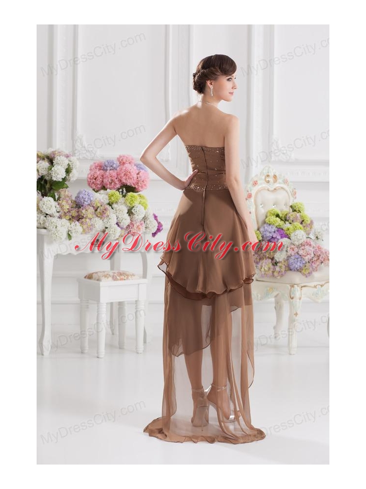 Saddle Brown A-line Strapless Chiffon High-low Prom Dress with Beading