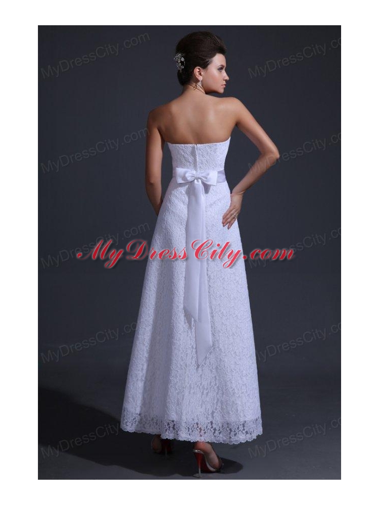 Strapless Empire Ankle-length Lace Wedding Dress with Bowknot