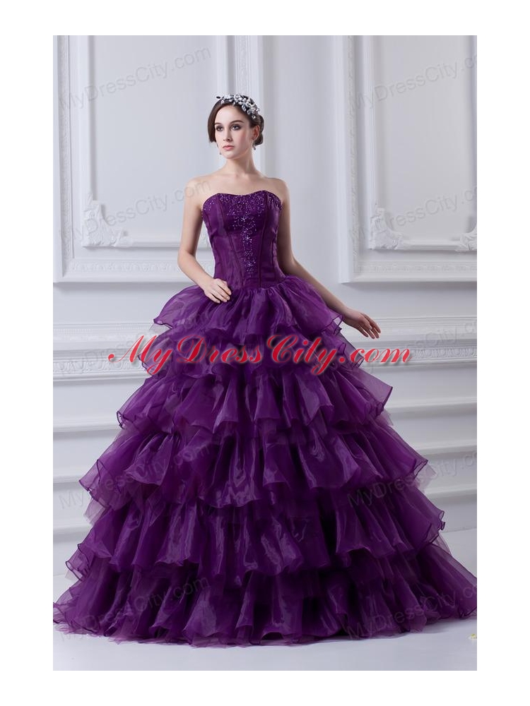 2014 Eggplant Purple Strapless Ball Gown Beading and Embroidery Quinceanera Dress